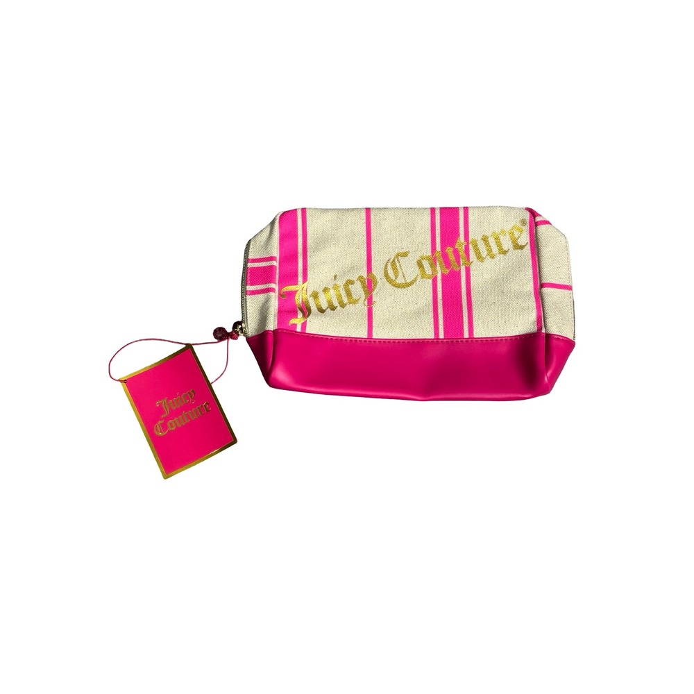 Juicy Couture Pink Striped Canvas Makeup Bag Gold Glitter Logo NWT Large